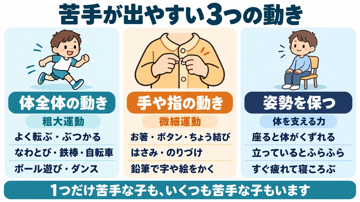 DCDで苦手が出やすい3つの動きの図。体全体の動き、手や指の動き、姿勢を保つ