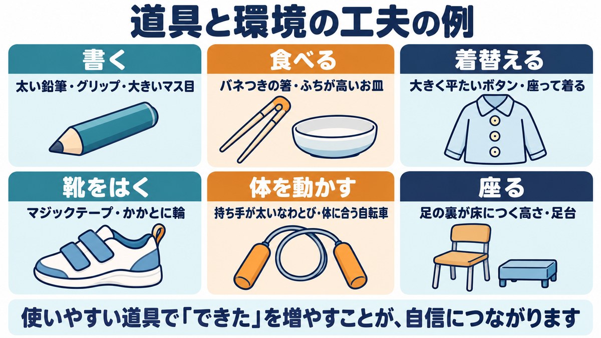 DCDの子のための道具と環境の工夫の例の図。書く、食べる、着替える、靴をはく、体を動かす、座る