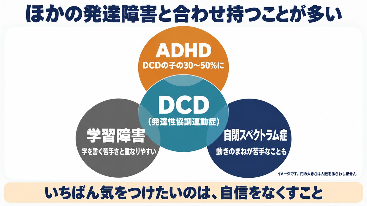 DCDとADHD・自閉スペクトラム症・学習障害を合わせ持つことが多いことを示すイメージ図