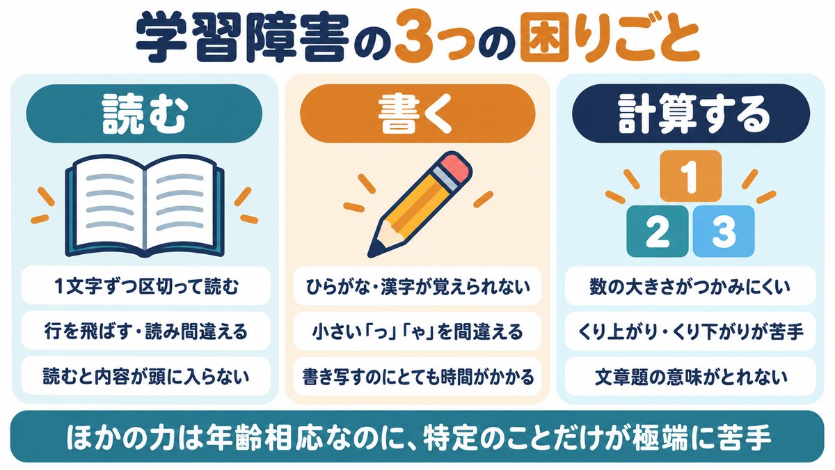 学習障害の3つの困りごとの図。読むは1文字ずつ区切って読む・行を飛ばす・内容が頭に入らない、書くはひらがなや漢字が覚えられない・小さいっやゃを間違える・書き写しに時間がかかる、計算するは数の大きさがつかみにくい・くり上がりが苦手・文章題の意味がとれない