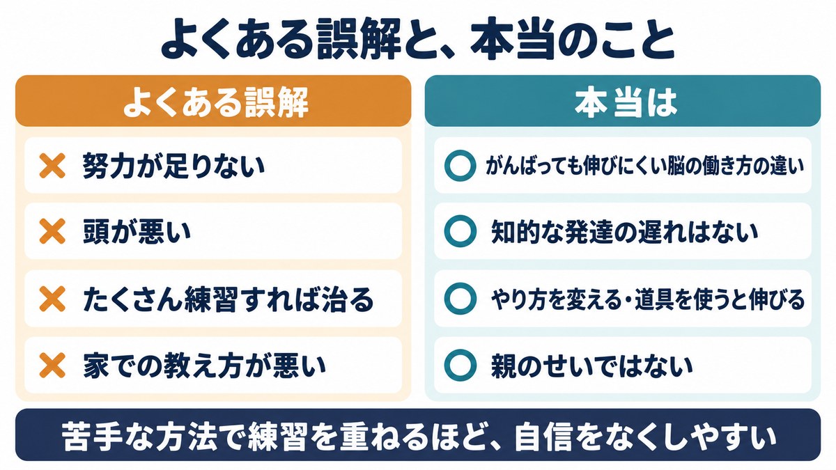 学習障害のよくある誤解と本当のことの図。努力が足りない、頭が悪い、たくさん練習すれば治る、家での教え方が悪いは誤解で、本当は脳の働き方の違いで知的な遅れはなく、やり方を変えると伸び、親のせいではない