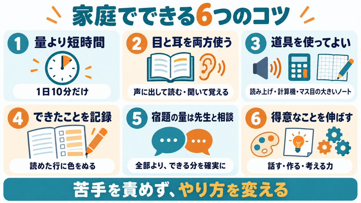 学習障害の子に家庭でできる6つのコツの図。量より短時間、目と耳を両方使う、道具を使ってよい、できたことを記録、宿題の量は先生と相談、得意なことを伸ばす