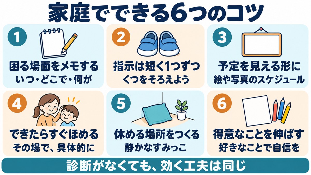 グレーゾーンの子に家庭でできる6つのコツの図。困る場面をメモ、指示は短く1つずつ、予定を見える形に、できたらすぐほめる、休める場所、得意なことを伸ばす