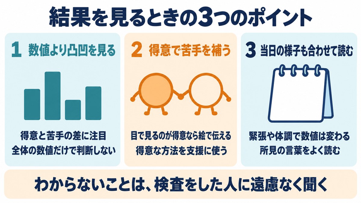 検査結果を見るときの3つのポイントの図。数値より凸凹を見る、得意で苦手を補う、当日の様子も合わせて読む