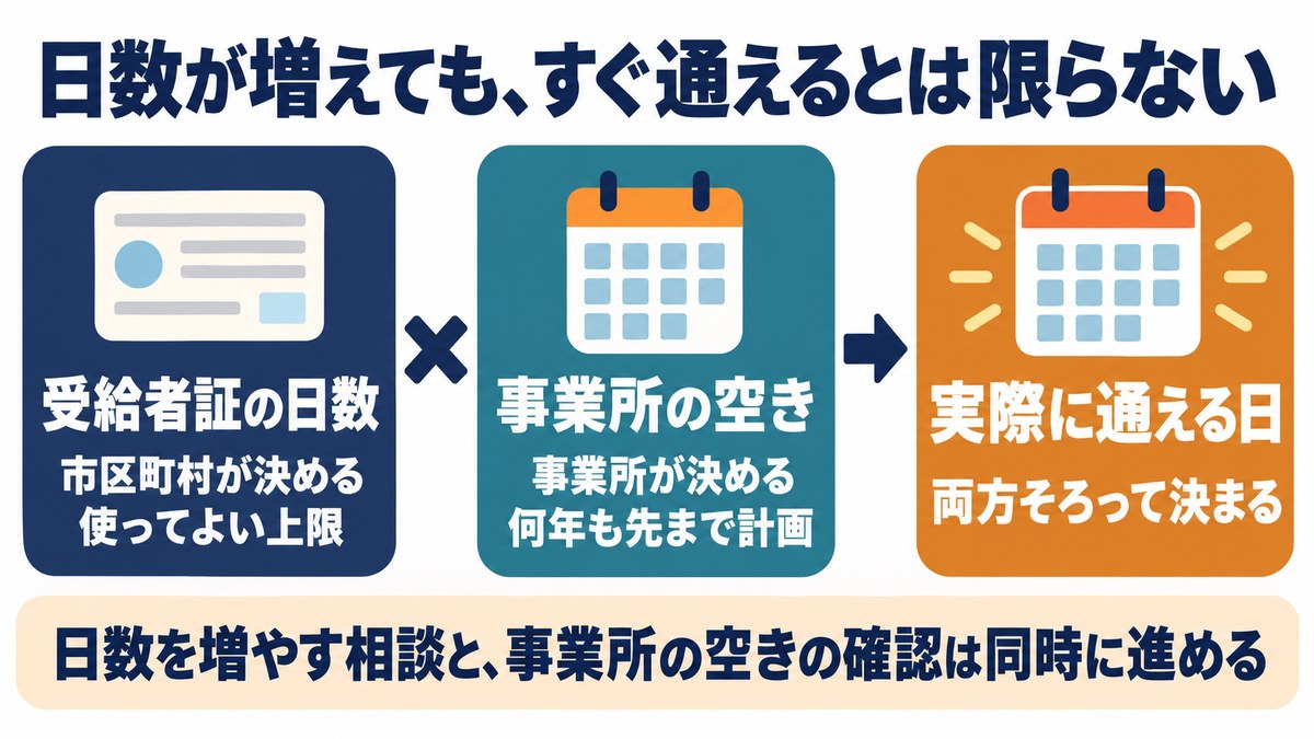 受給者証の日数と事業所の空きが両方そろって実際に通える日が決まることを示す図