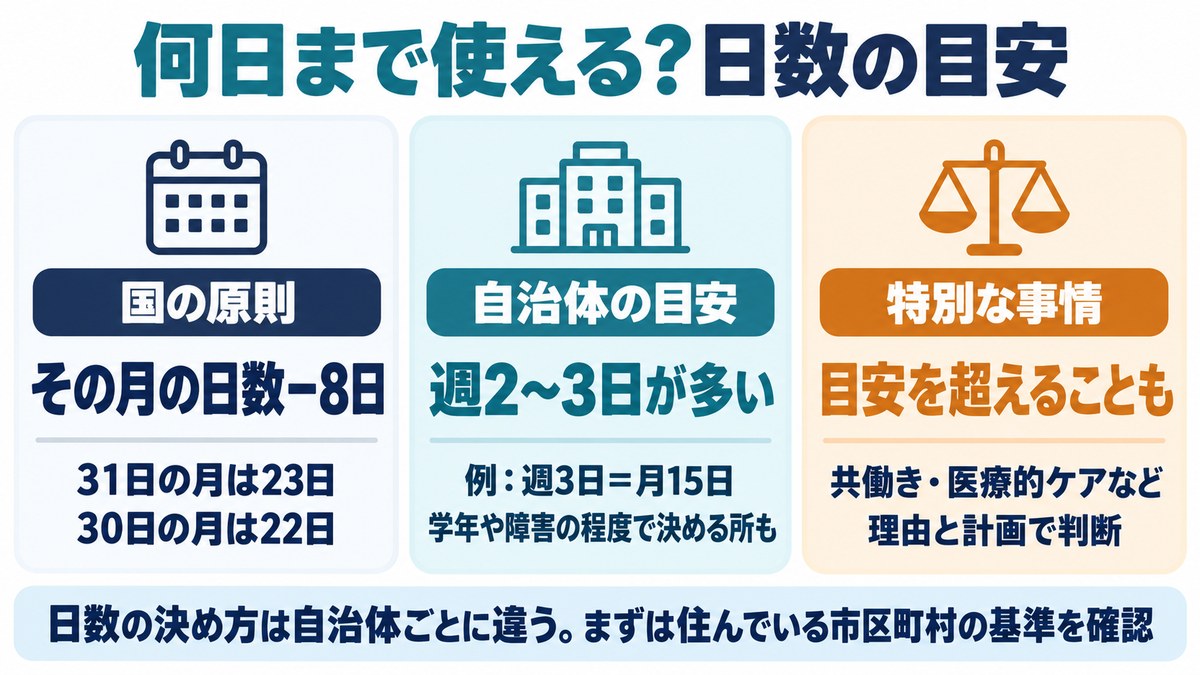 放デイの日数の目安の図。国の原則はその月の日数から8日を引いた日数、自治体の目安は週2〜3日が多い、特別な事情があれば目安を超えることも