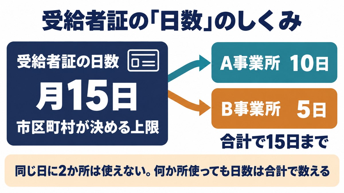受給者証の日数のしくみの図。受給者証の日数が月15日なら、A事業所10日とB事業所5日のように合計で15日まで。同じ日に2か所は使えない
