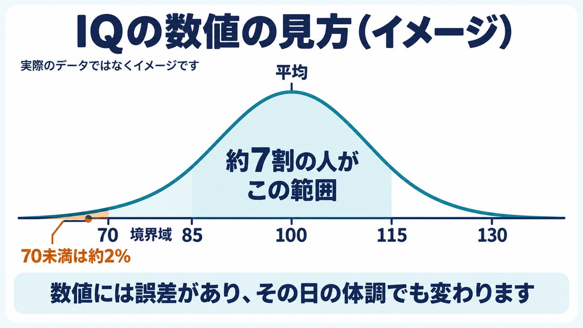 IQの数値の見方のイメージ図。平均は100、85から115に約7割、70未満は約2%、70から84は境界域