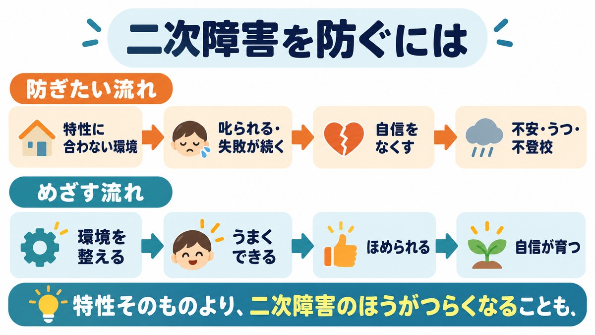 二次障害を防ぐための図。特性に合わない環境で叱られ失敗が続くと自信をなくし不安・うつ・不登校につながる。環境を整えてうまくできてほめられると自信が育つ