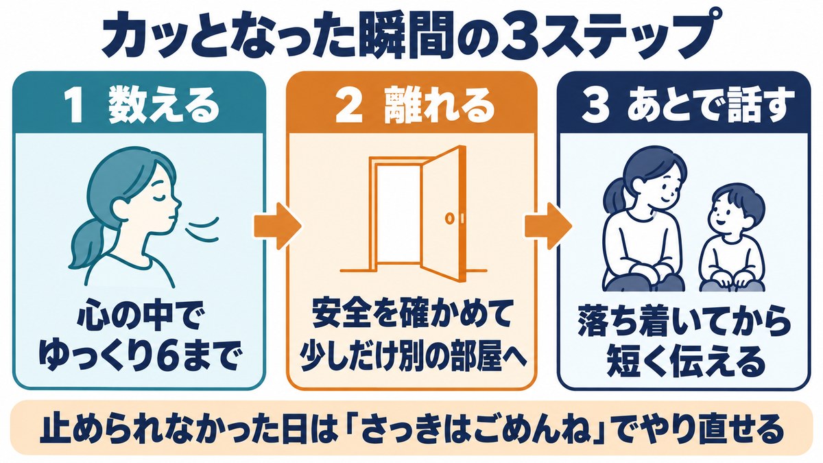 カッとなった瞬間の3ステップの図。数える、離れる、あとで話す