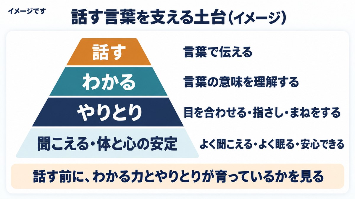 話す言葉を支える土台のピラミッド図。下から聞こえる・体と心の安定、やりとり、わかる、いちばん上が話す