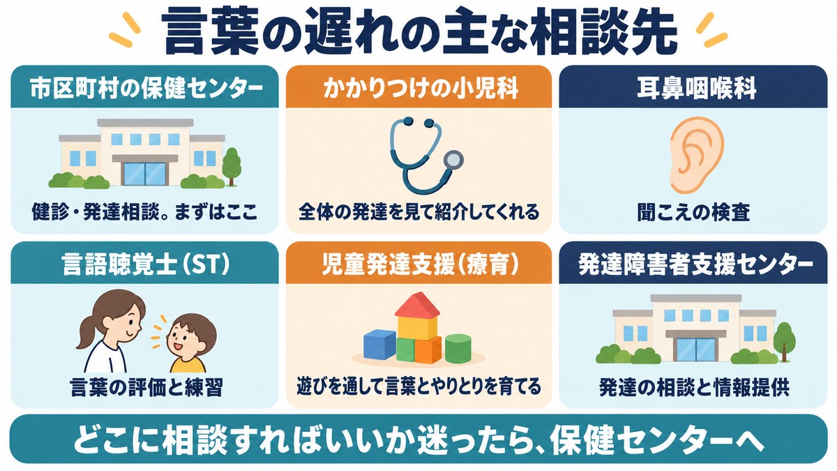 言葉の遅れの主な相談先の図。保健センター、小児科、耳鼻咽喉科、言語聴覚士、児童発達支援、発達障害者支援センター