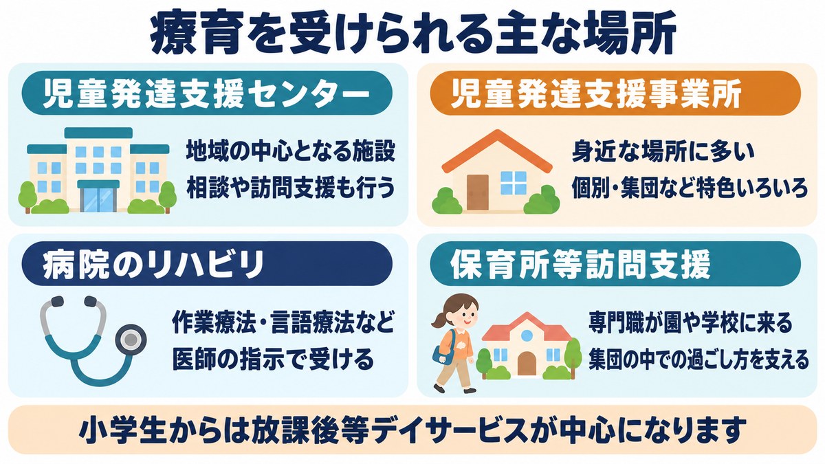 療育を受けられる主な場所の図。児童発達支援センター、児童発達支援事業所、病院のリハビリ、保育所等訪問支援。小学生からは放課後等デイサービスが中心