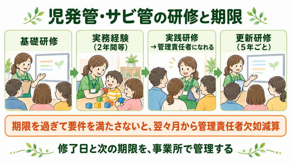 児発管・サビ管の研修の流れ（基礎研修、実務経験、実践研修、5年ごとの更新研修）と管理責任者欠如減算