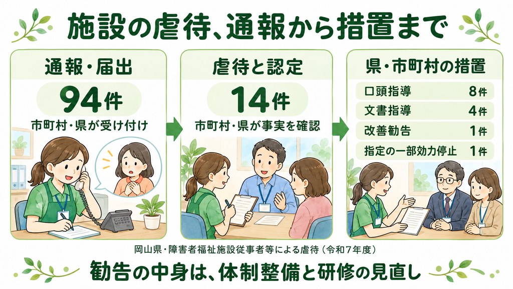 岡山県の障害者福祉施設従事者等による虐待（令和7年度）：通報・届出94件、虐待認定14件、措置は口頭指導8件・文書指導4件・改善勧告1件・指定の一部効力停止1件