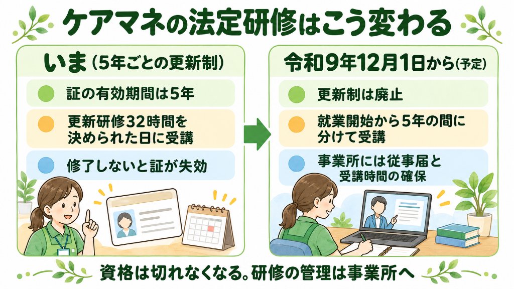 ケアマネの法定研修はこう変わる。いまは証の有効期間5年・更新研修32時間・修了しないと証が失効。令和9年12月1日から(予定)は更新制廃止・就業開始から5年の間に分けて受講・事業所には従事届と受講時間の確保