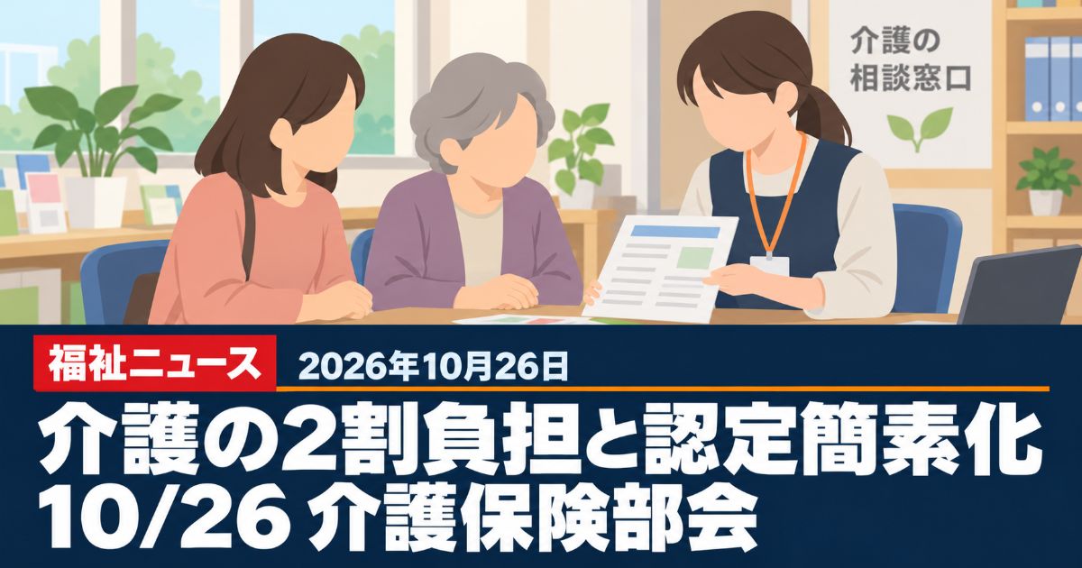 要介護認定の審査会簡素化を6か月以上に、介護の2割負担の議論も再開（10/26介護保険部会）、10月26日の福祉ニュース