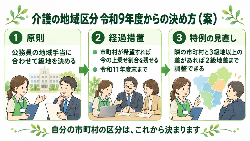 介護の地域区分 令和9年度からの決め方（案）：原則・経過措置・特例の見直し