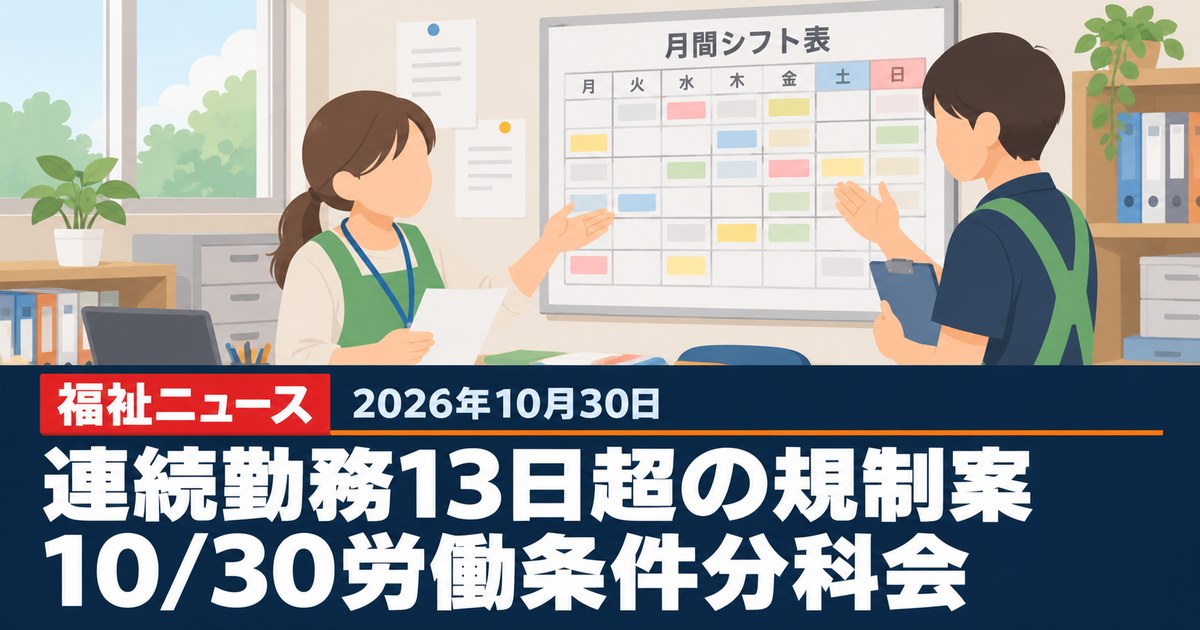 連続勤務「13日超」を規制する案、法定休日の事前特定も論点に（10/30労働条件分科会）、10月30日の福祉ニュース